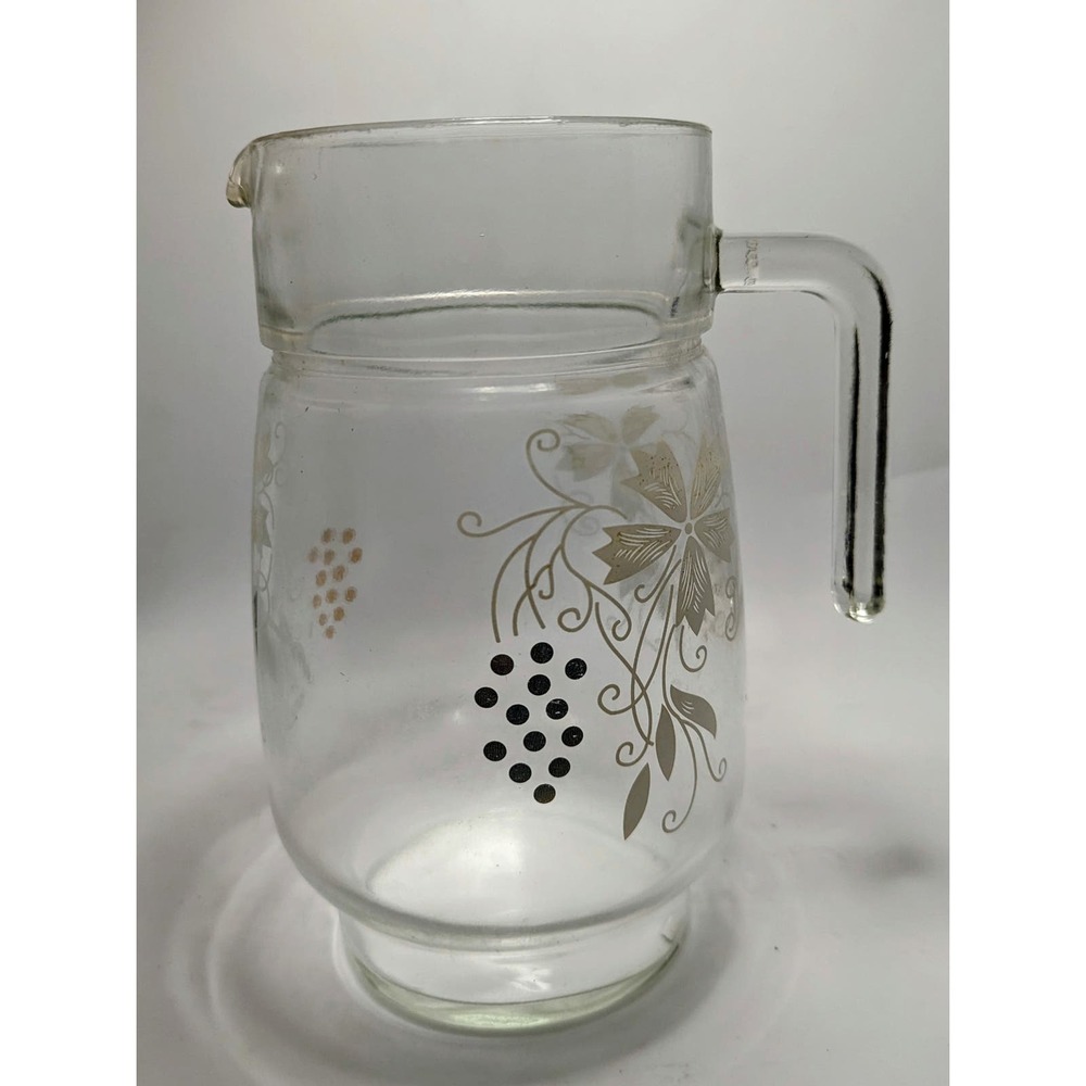 Vintage French Arcoroc Glass Pitcher Grapes Flowers Clear 1980s
